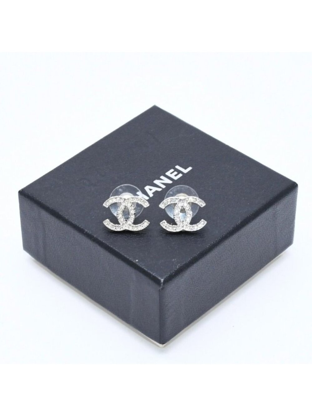 Chanel CC Logo Stud Earrings 10A Stamp Metal Rhinestone Silver